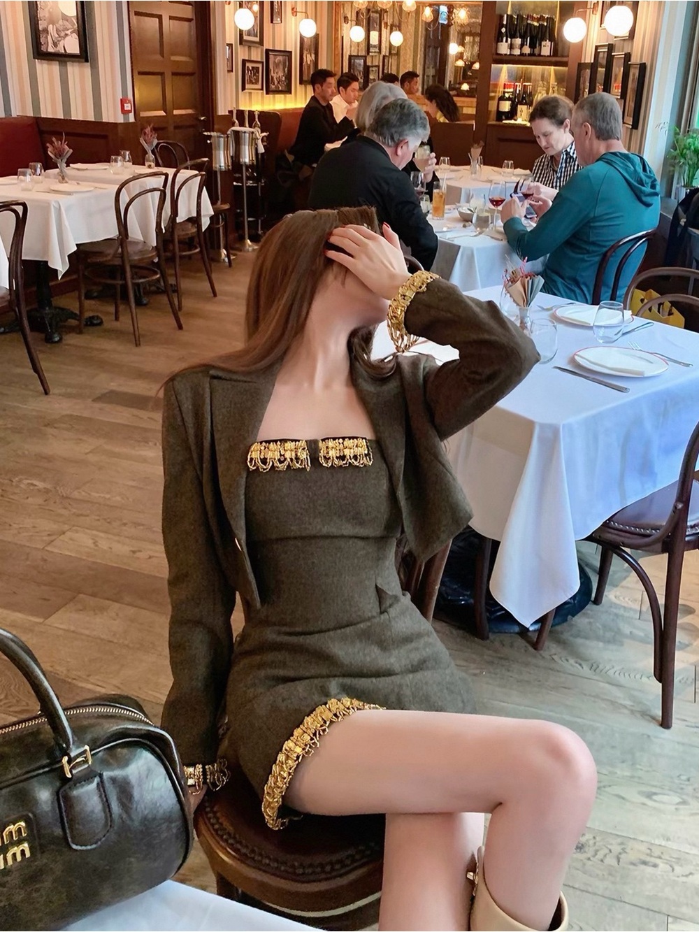 Olive Green Chain-Trim Mini Dress with Matching Blazer